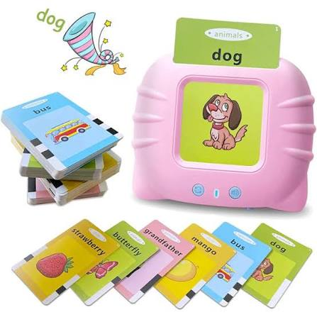 Pink talking flash card reader with a stack of double-sided picture cards
