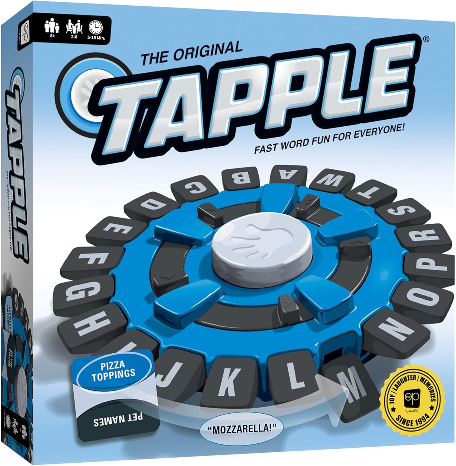 Tapple box, showing the blue letter wheel with 26 lettered tabs and a central timer