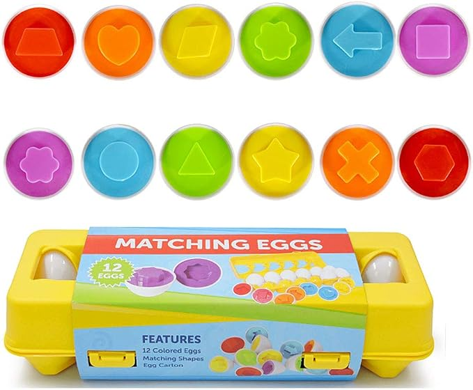 Twelve matching eggs opened to show embossed shapes in twelve colours, above the yellow carton they store in
