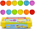 Twelve matching eggs opened to show embossed shapes in twelve colours, above the yellow carton they store in