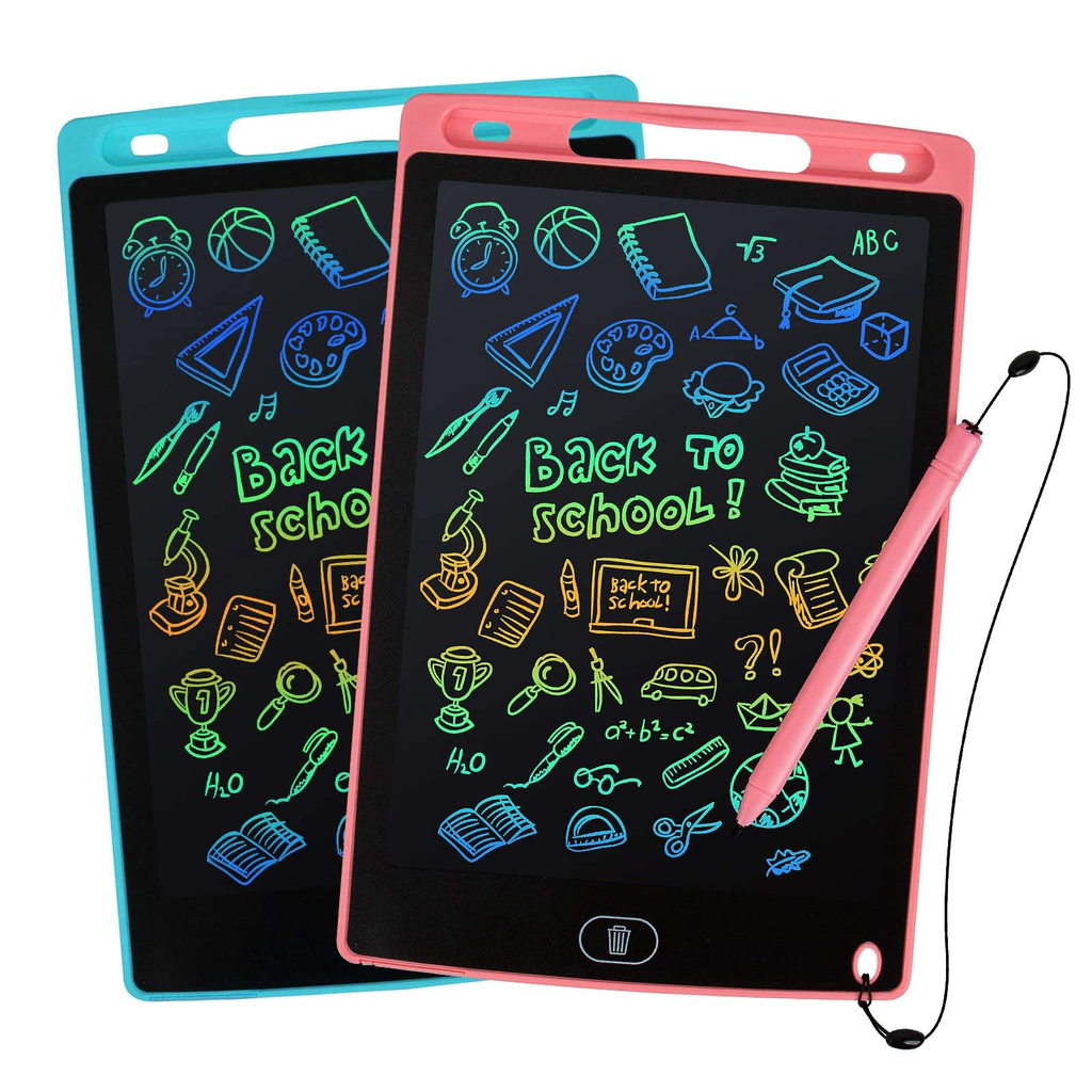 Pink and blue 8.5 inch writing tablets covered in coloured doodles, with a pink pen on a cord