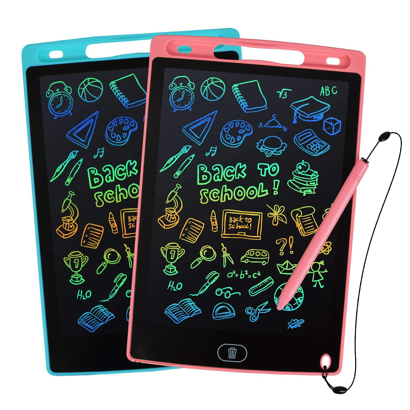Pink and blue 8.5 inch writing tablets covered in coloured doodles, with a pink pen on a cord