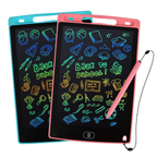 Pink and blue 8.5 inch writing tablets covered in coloured doodles, with a pink pen on a cord