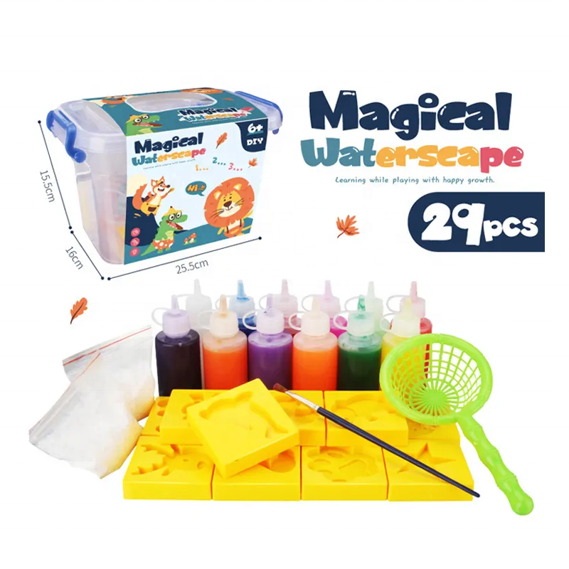 Water elf kit — coloured gel bottles, yellow moulds, a brush, a green scoop and two bags of powder, beside the lidded storage box
