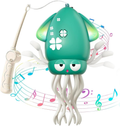 Green dancing squid toy with light-up fins and trailing tentacles, beside the fishing rod that hooks onto it