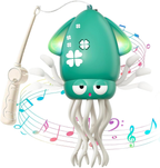 Green dancing squid toy with light-up fins and trailing tentacles, beside the fishing rod that hooks onto it