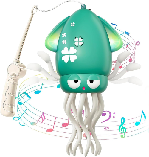 Green dancing squid toy with light-up fins and trailing tentacles, beside the fishing rod that hooks onto it
