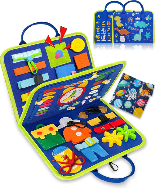 Felt busy board opened flat, showing the dressing panel with laces and buttons, the clock and calendar page, the alphabet and dinosaur covers, and a loose space jigsaw