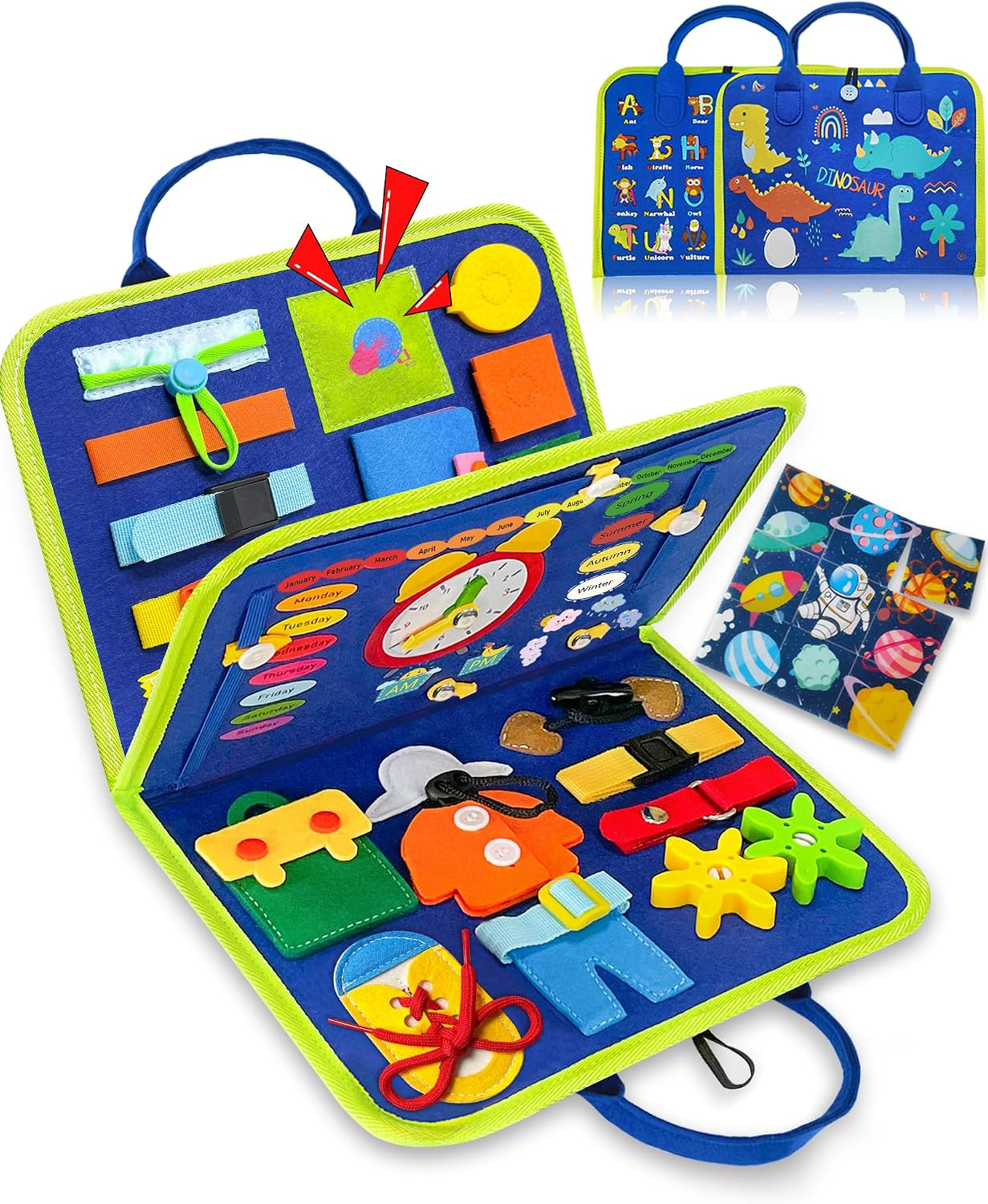 Felt busy board opened flat, showing the dressing panel with laces and buttons, the clock and calendar page, the alphabet and dinosaur covers, and a loose space jigsaw