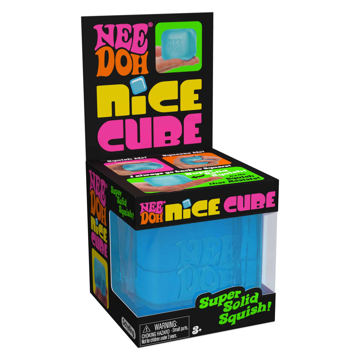 NeeDoh Nice Cube in its black Schylling display box, showing the translucent blue cube behind a window and the squish-and-squeeze panels above