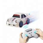 White cartoon-bodied RC drift car sliding across a wooden floor, with two hands holding the grey two-stick gamepad remote