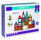 Magnetic DIY box showing a castle built from translucent magnetic tiles with printed letter, number and picture panels, marked 32 pieces and ages 3 plus
