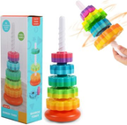 Rainbow tower stacking toy — six coloured discs on a white corkscrew pole with an orange base, shown beside its box and a hand spinning the discs