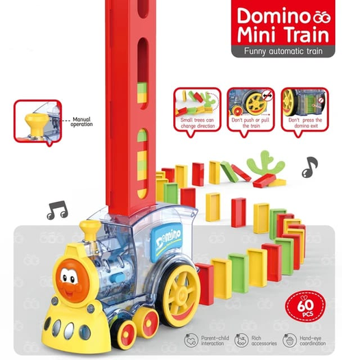 Domino Mini Train with a tall red loading tower, laying a curving line of red, yellow and green dominoes, with a cactus direction piece