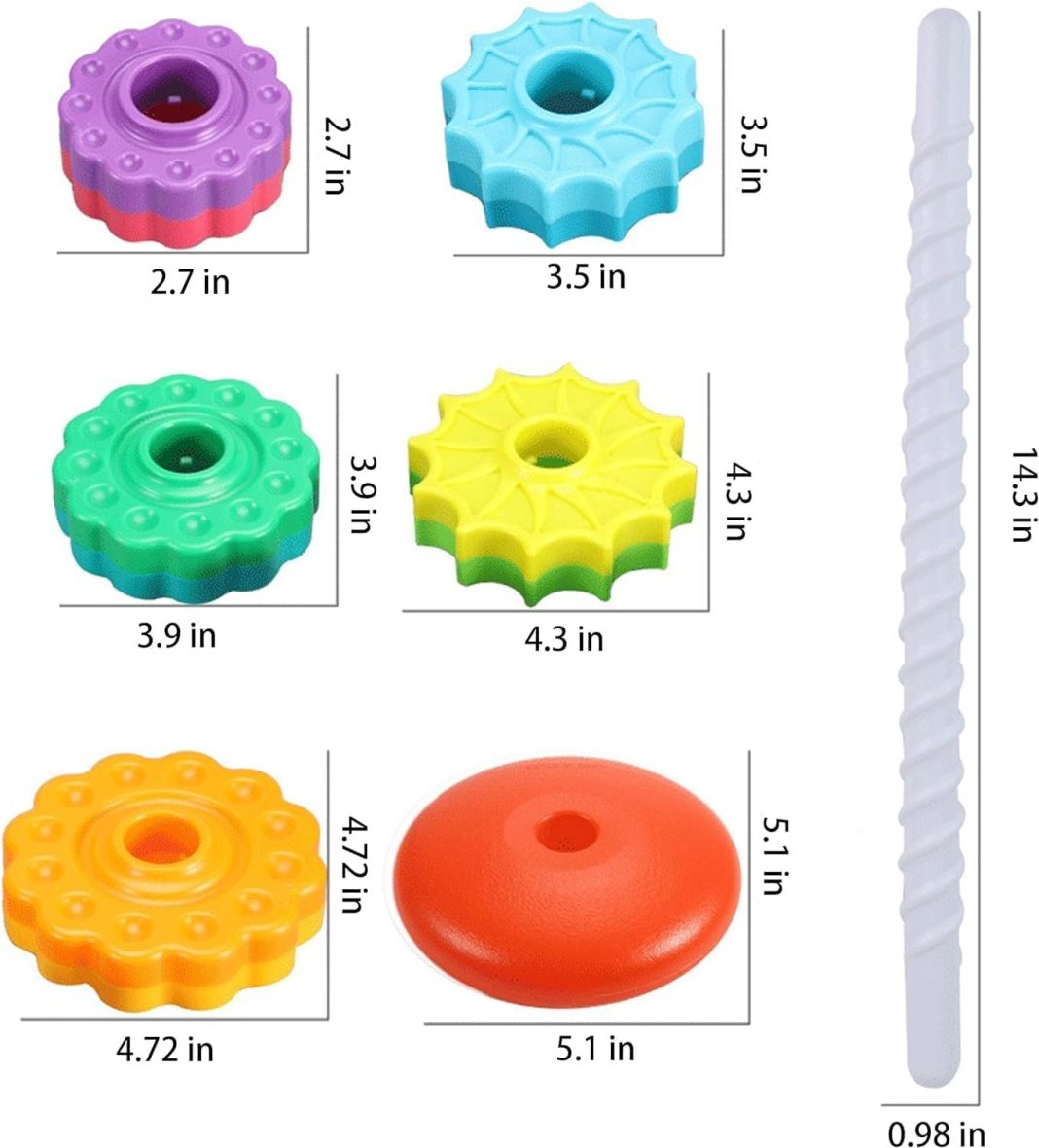 Rainbow tower — six discs that spin down the pole