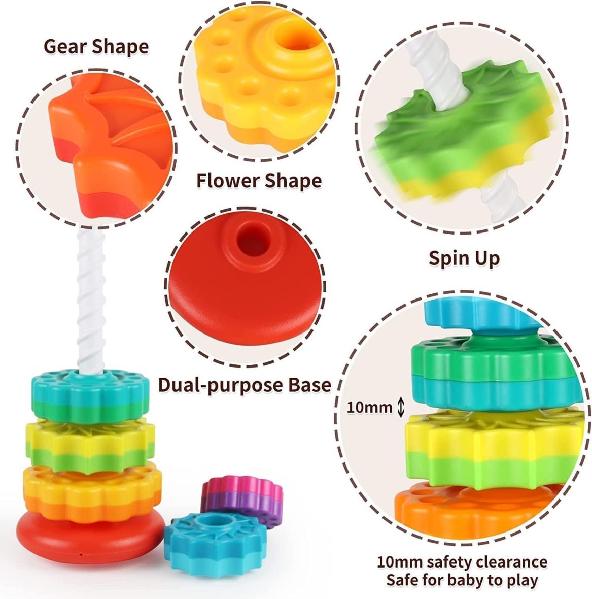 Rainbow tower — six discs that spin down the pole