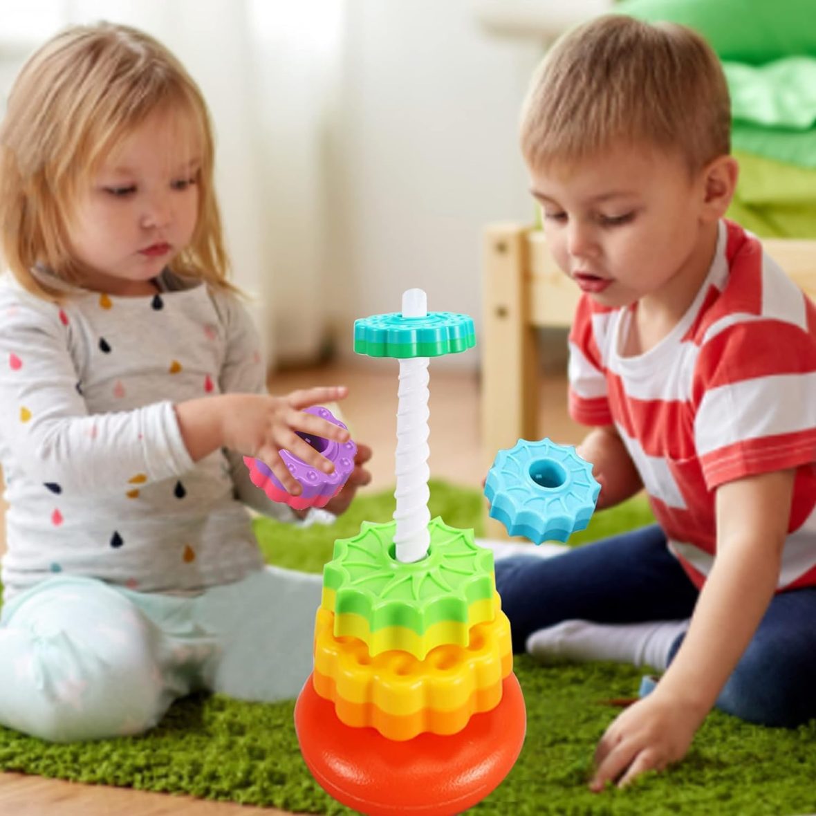Rainbow tower — six discs that spin down the pole